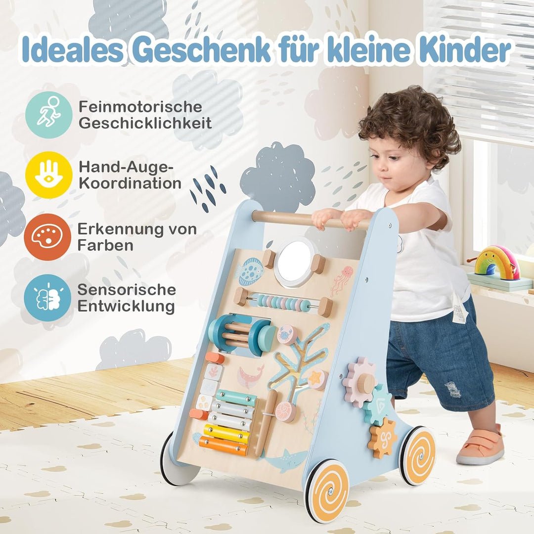 GOPLUS Lauflernwagen Holz, höhenverstellbarer Baby Lauflernhilfe, Baby Walker zum Schieben und Ziehe