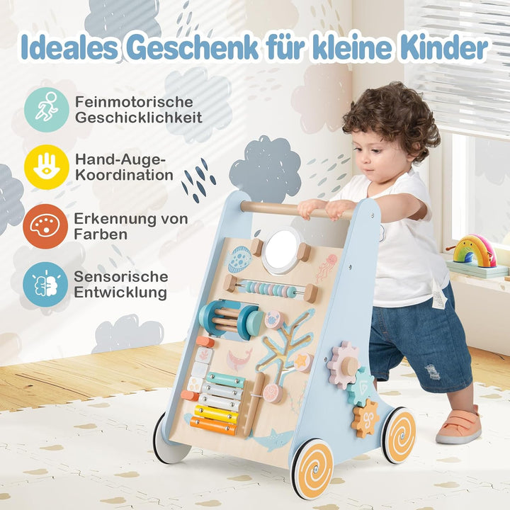 GOPLUS Lauflernwagen Holz, höhenverstellbarer Baby Lauflernhilfe, Baby Walker zum Schieben und Ziehe