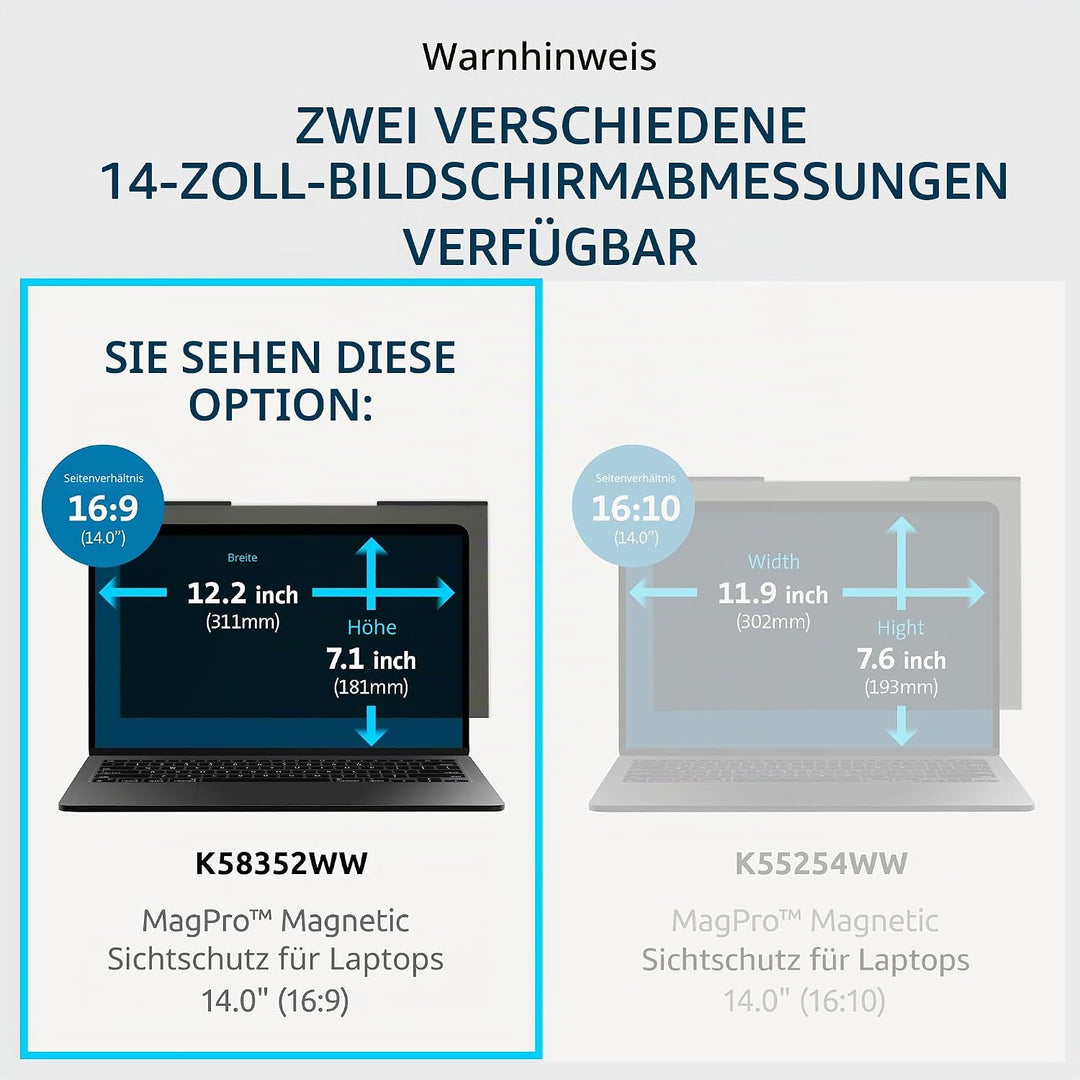 Kensington MagPro™ Magnetischer Blickschutzfilter für Laptops 14 Zoll, 16:9, Magnetische Schutzfolie
