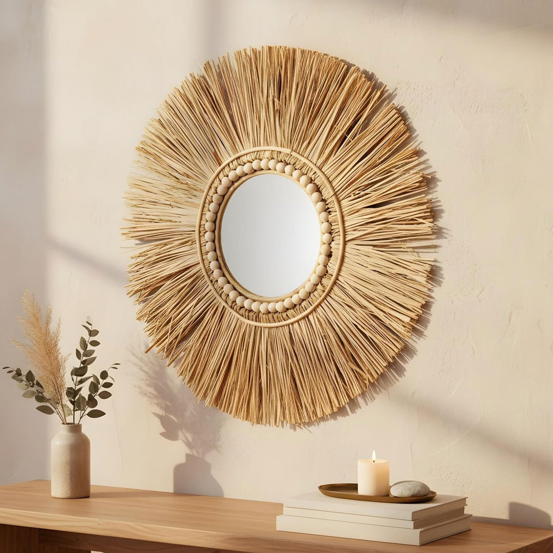 levandeo Spiegel Seegras Ø 55cm Wandspiegel Flurspiegel Wanddeko Boho Deko Bohostyle Bohochic Nature