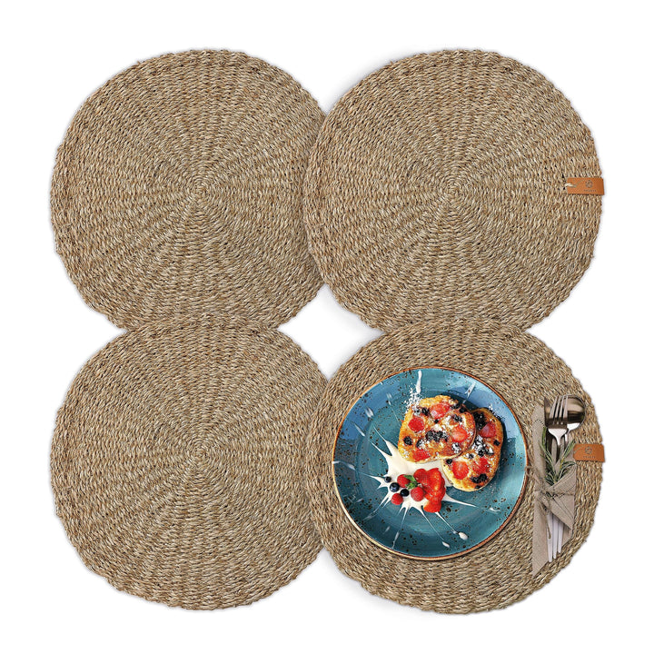 FRIHET® Platzsets rund aus Seegras für Tischdeko | Platzdeckchen für den Esstisch | 4er Tischset Nat