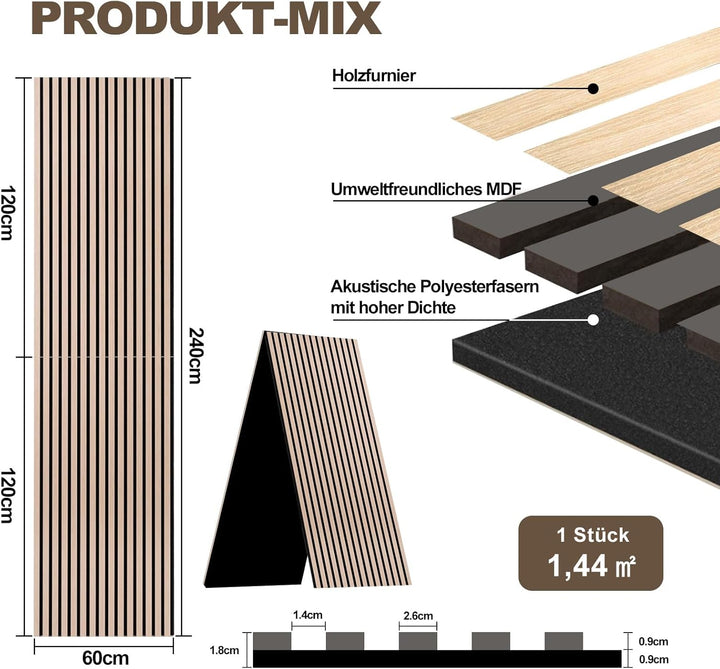 AKK-PANE Akustikpaneele Holz 240x60cm,1,44m² - Faltbar 3D Wandpaneele Holz, Akustik Paneele Wand für