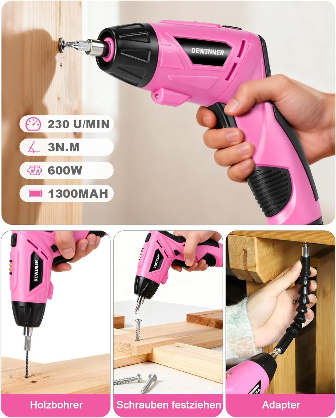 DEWINNER Akkuschrauber Rosa 3,6V 3N.m 1300mAh – Kompakter Bohrschrauber mit LED-Licht, USB-C Ladekab