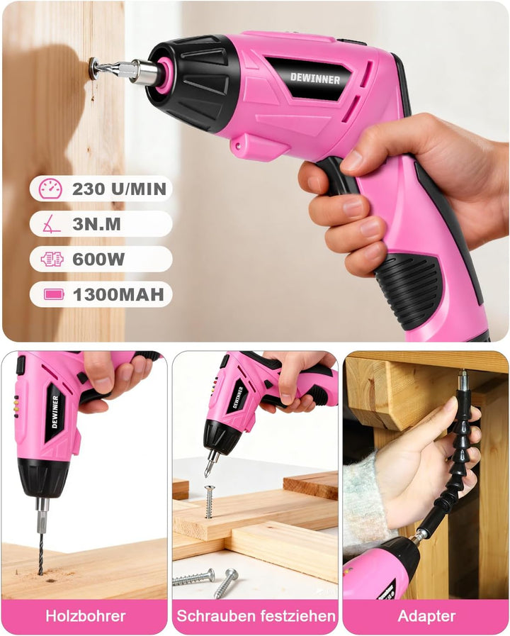 DEWINNER Akkuschrauber Rosa 3,6V 3N.m 1300mAh – Kompakter Bohrschrauber mit LED-Licht, USB-C Ladekab