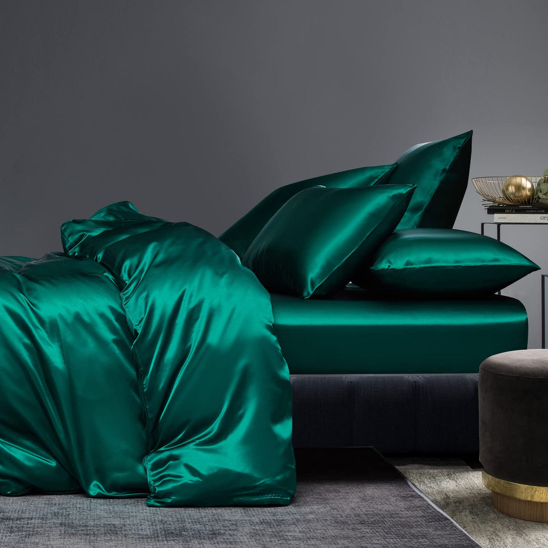 Boqingzhu Satin Bettwäsche 135x200cm Grün Dunkelgrün Uni Einfarbig Glatt Glänzend Luxus Seide Bettwä