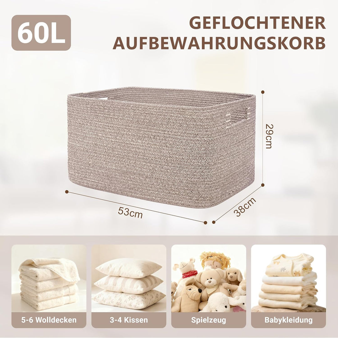 Grosser 60L Aufbewahrungskorb aus Baumwollseil, Boho Korb für Spielzeug Decken, Wäschekorb Geflochte