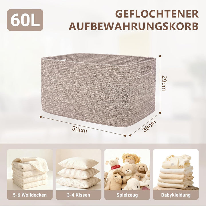 Grosser 60L Aufbewahrungskorb aus Baumwollseil, Boho Korb für Spielzeug Decken, Wäschekorb Geflochte