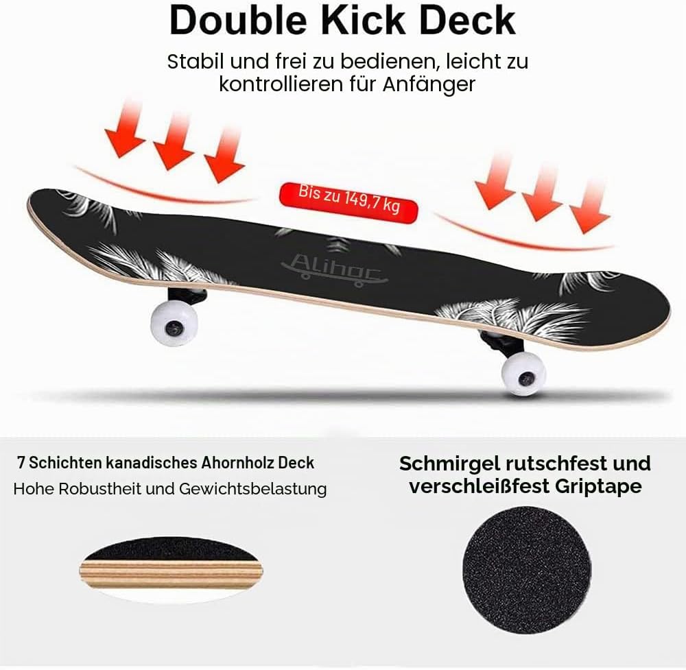 31-Zoll-Standard-Skateboard, 7 Lagen Ahorn-Board-Oberfläche, geeignet für Kinder, Jugendliche, Erwac