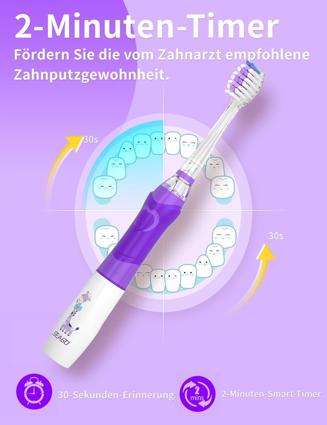 Seago Elektrische Zahnbürste Kinder mit 8 Extra Weiche Aufsteckbürste und 4 Persönliche Modi, LED Li
