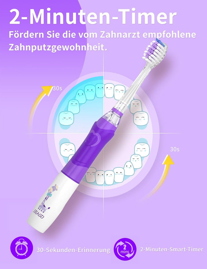 Seago Elektrische Zahnbürste Kinder mit 8 Extra Weiche Aufsteckbürste und 4 Persönliche Modi, LED Li