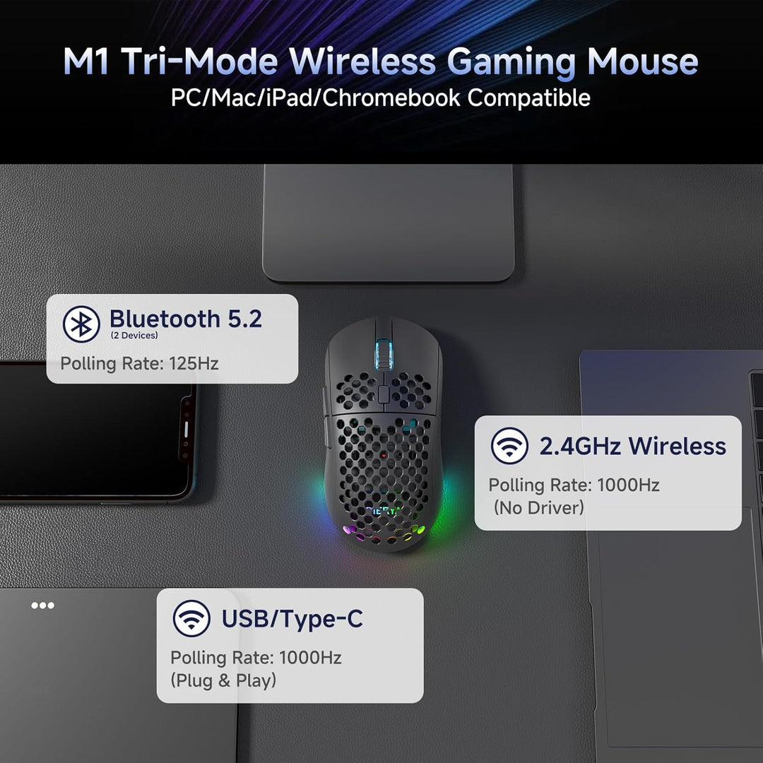 Dierya M1 Kabellose Gaming Maus, 24.000 DPI Optischer Sensor, 90g Leichtgewicht, 6 Programmierbare T