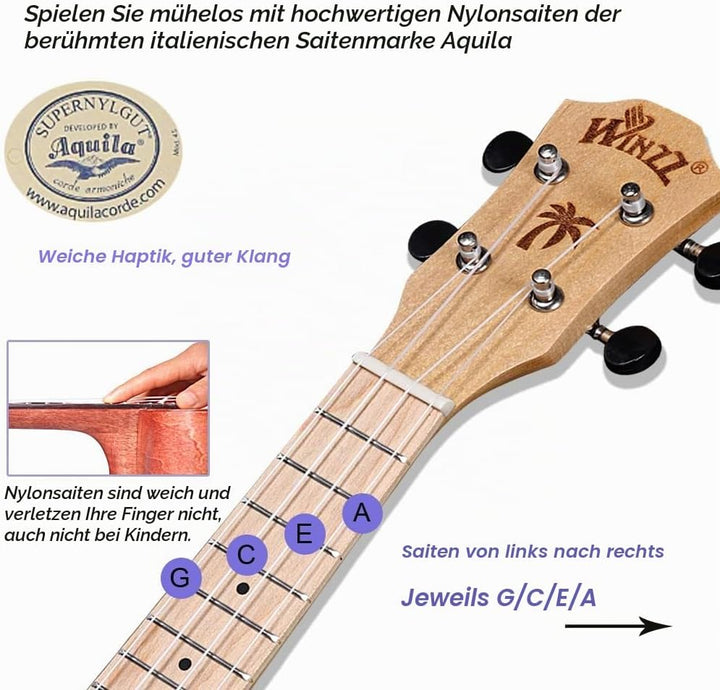 Winzz Ukulele Kinder Sopran, Ukulele Erwachsene Anfänger Set, 21 Zoll, mit 9 Zubehör, Kleine Einstei