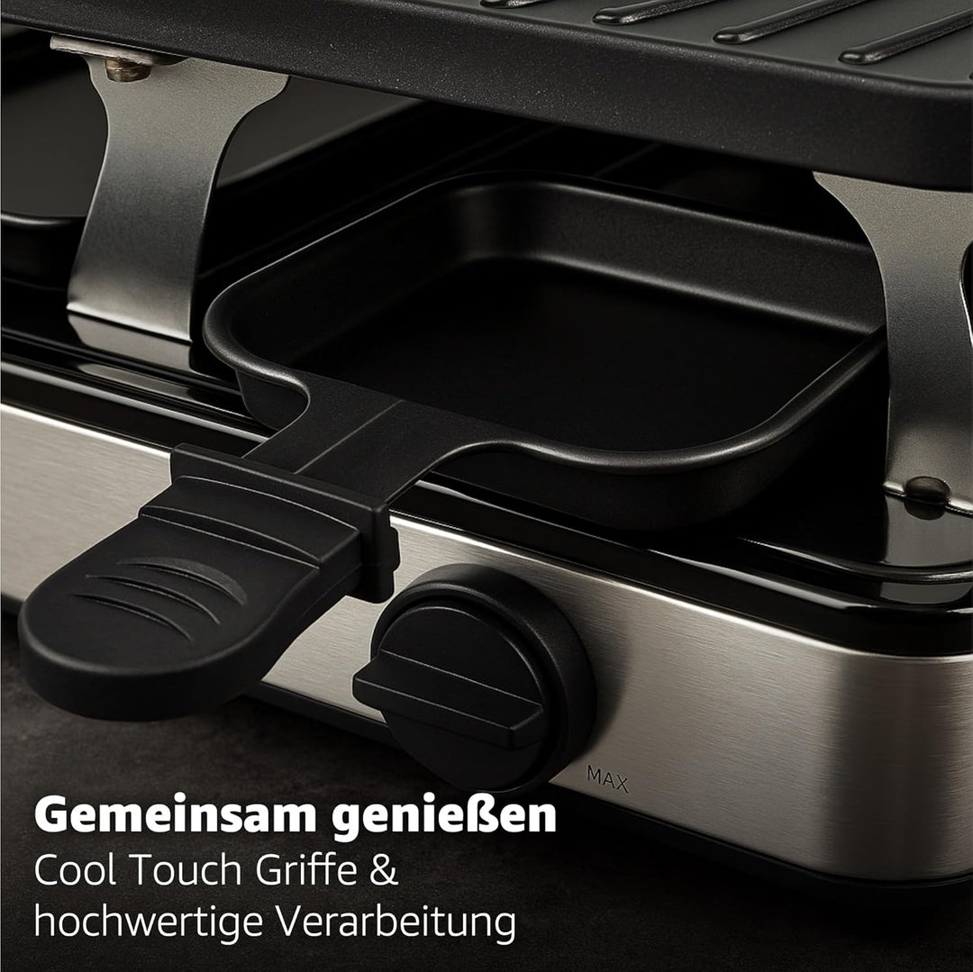 8 Personen Fondue/Raclette Set - Tischgrill inkl. Pfännchen & Schaber - Grillplatte & Steinplatte an