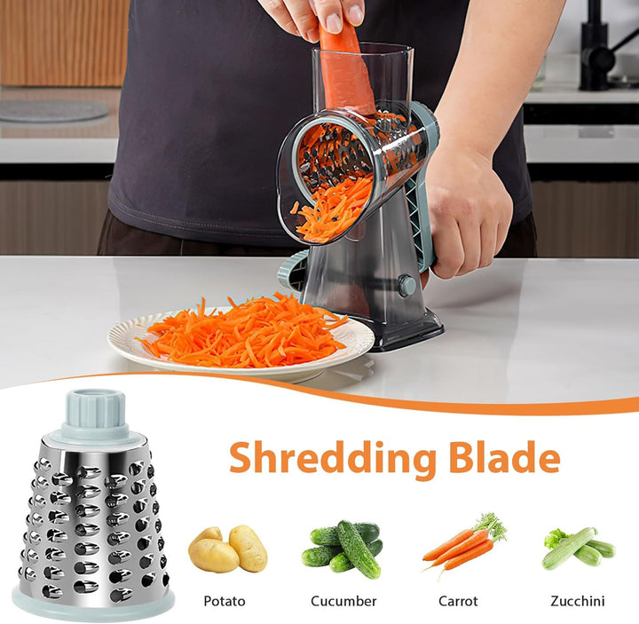 Cheese Grater, Käsereibe mit Kurbel, Trommelreibe, Gemüsehobel Reibe mit 3 Trommelklingen, manuell r