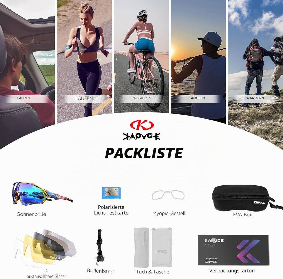 KAPVOE Polarisations-Fahrradbrillen,5 austauschbare Gläser,Unisex-Sportsonnenbrillen für Männer und
