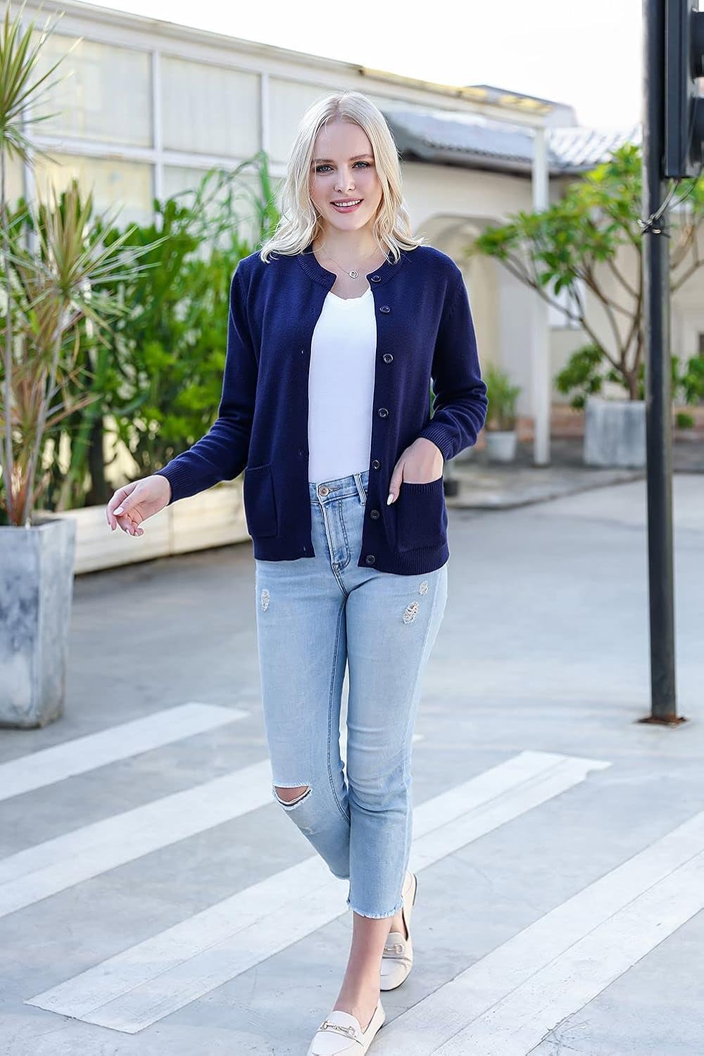 SMILING PINKER Damen Strickjacke Langarm Cardigan Warm Rundhals Strickweste Jacke mit Knopfleiste un