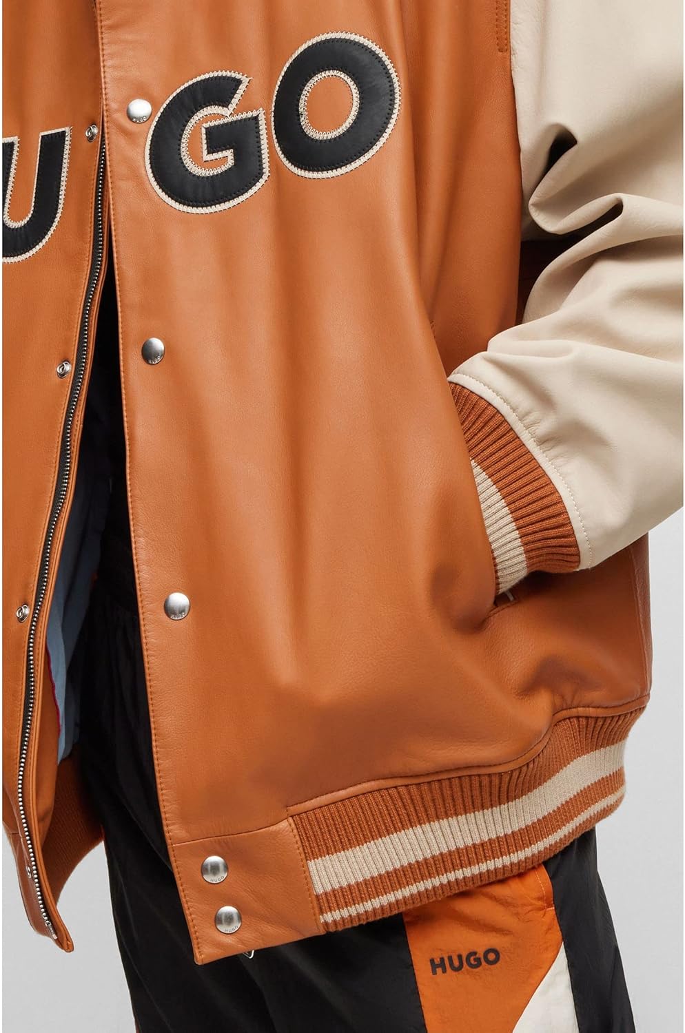 HUGO Herren Luganos College-Jacke aus Leder im Colour-Block-Design mit Logo XS Orange, XS Orange