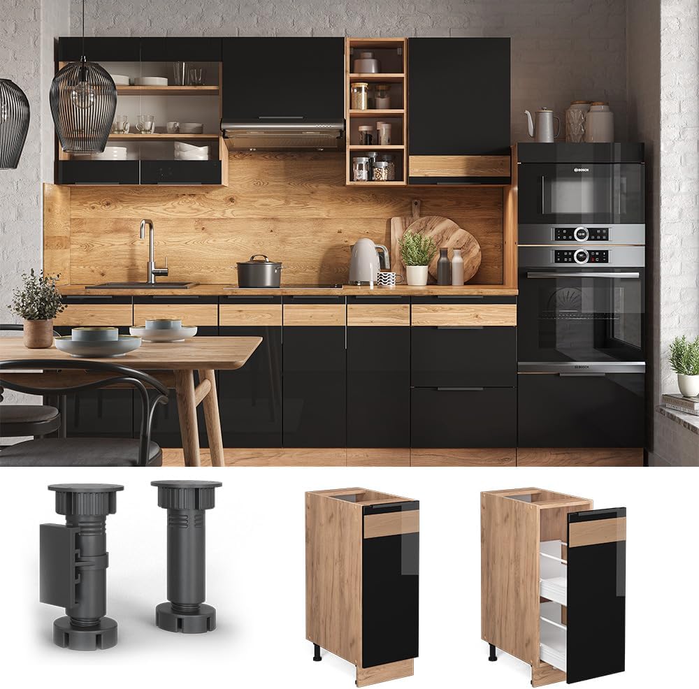 Vicco Apothekerschrank Fame-Line, Schwarz-Eiche Hochglanz/Goldkraft Eiche, 30 cm ohne Arbeitsplatte