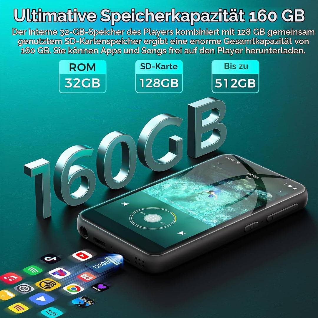 32GB MP3 Player mit Bluetooth und WiFi, Android 13 MP4 Player mit Spotify, Pandora, Audible, YouTube
