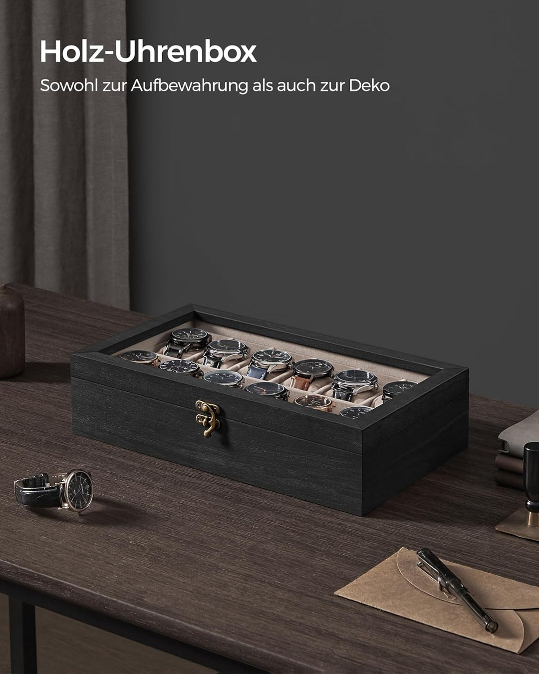 SONGMICS Uhrenbox mit 12 Fächern, Uhrenkasten aus Massivholz, mit Glasdeckel, Uhrenkissen, Geschenk