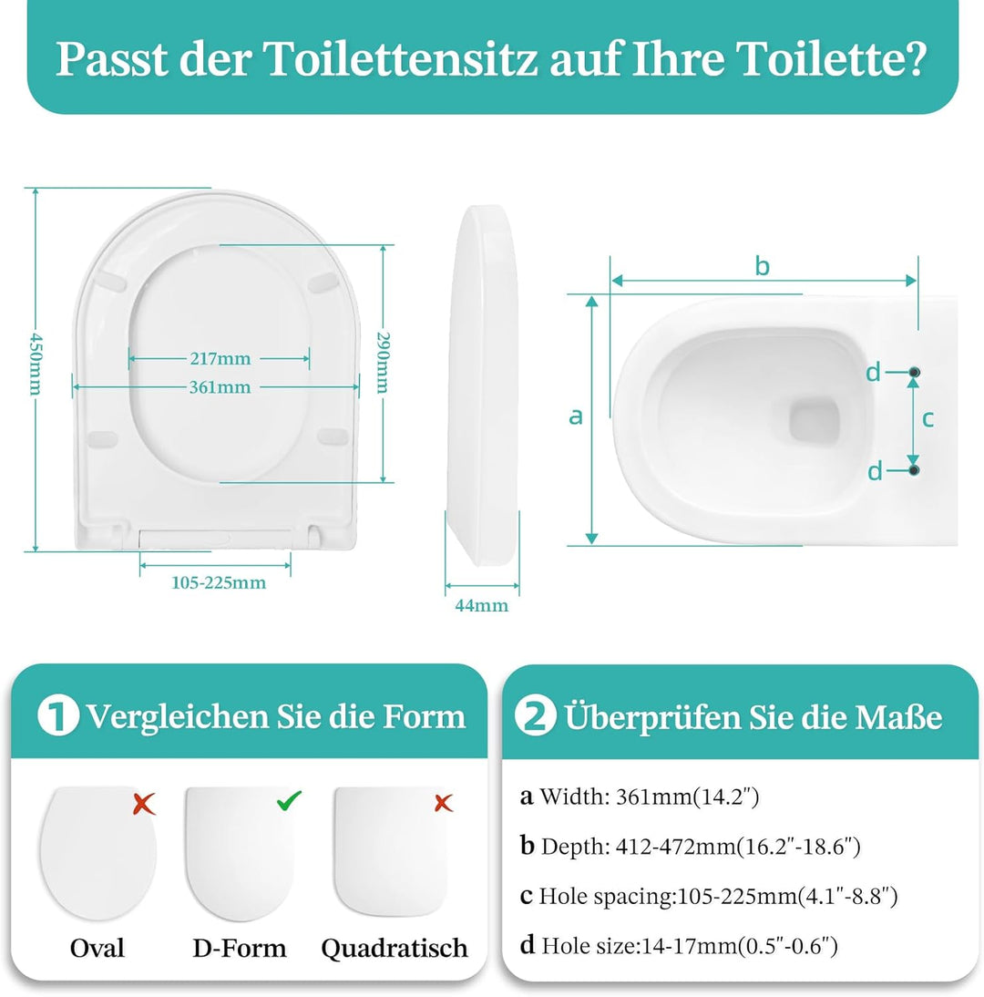 Toilettendeckel mit Absenkautomatik, WC Sitz mit Absenkautomatik, Klodeckel mit Quick Release Funkti