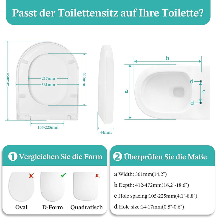 Toilettendeckel mit Absenkautomatik, WC Sitz mit Absenkautomatik, Klodeckel mit Quick Release Funkti