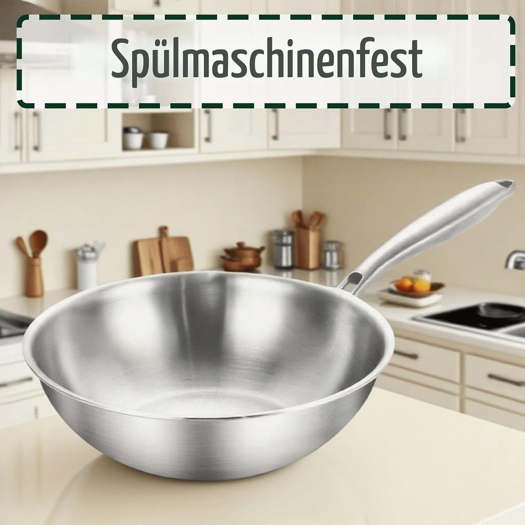 Edelstahl Wokpfanne 32 cm Induktion, Durchgehend 3-lagig Wok 32cm, 32cm