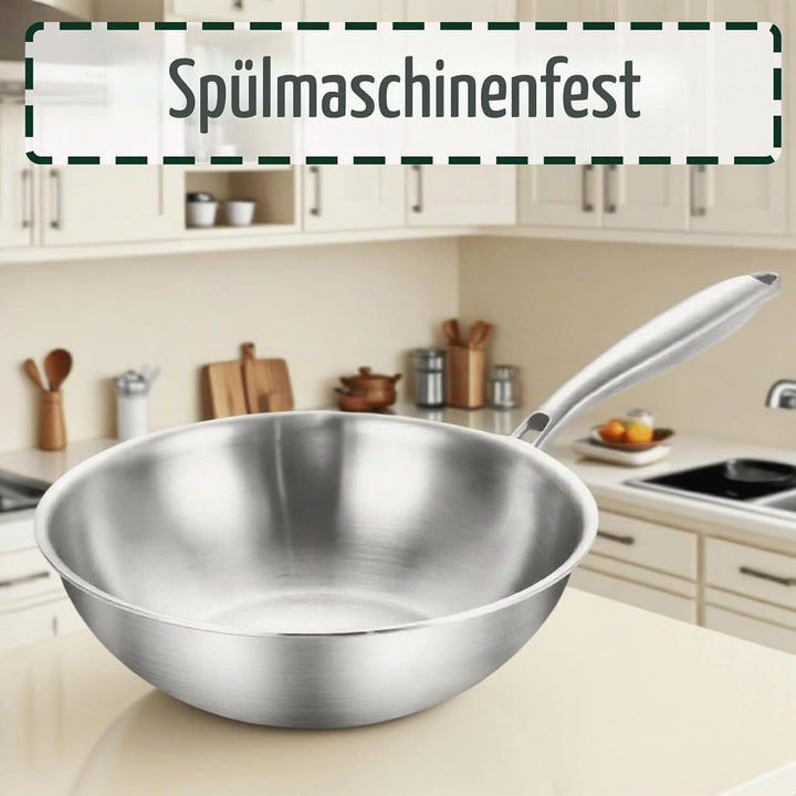 Edelstahl Wokpfanne 32 cm Induktion, Durchgehend 3-lagig Wok 32cm, 32cm