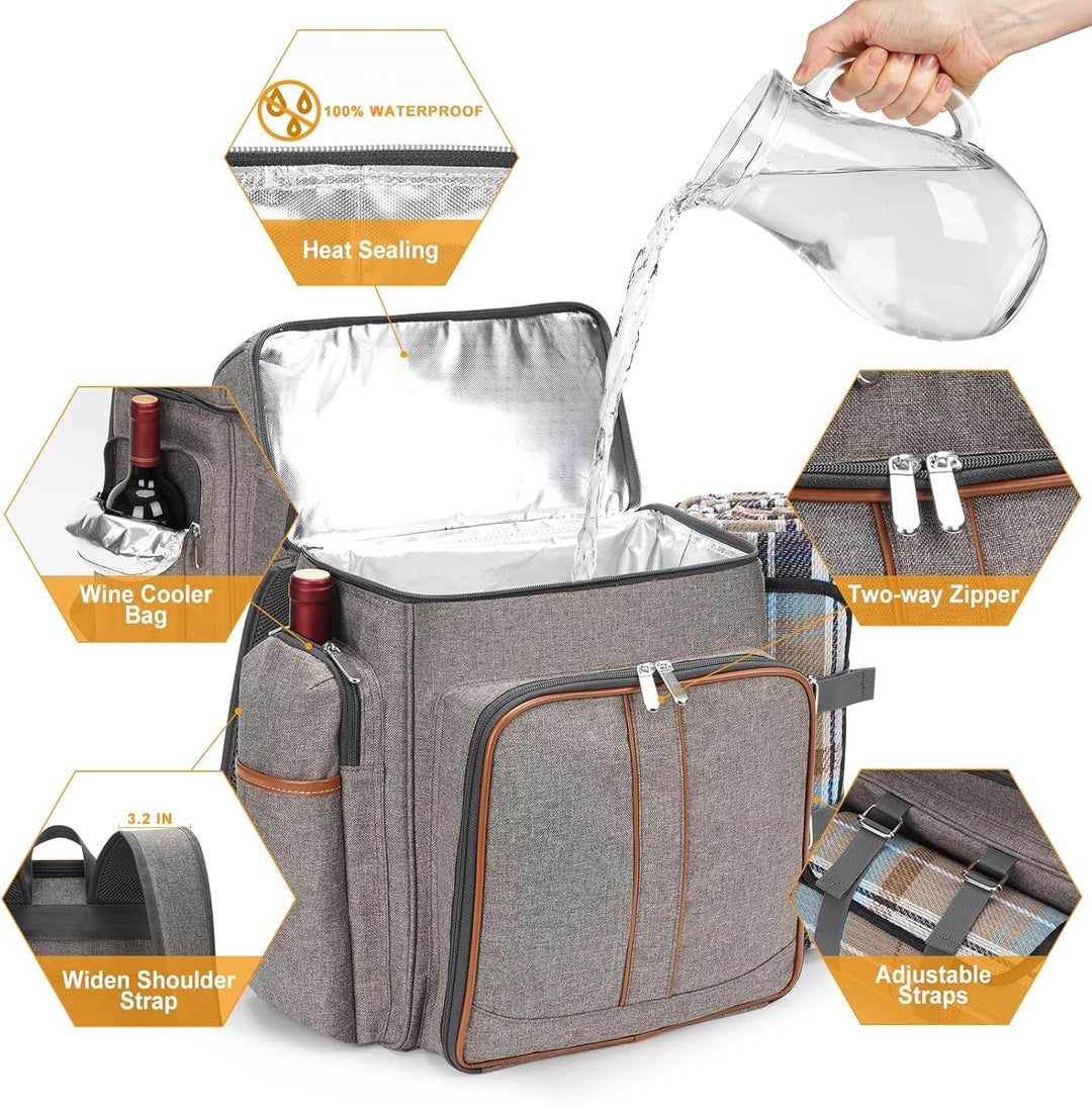 Picknick-Rucksack für 4 Personen, Picknickkorb-Set, auslaufsichere Picknicktasche, Strandkühlrucksac