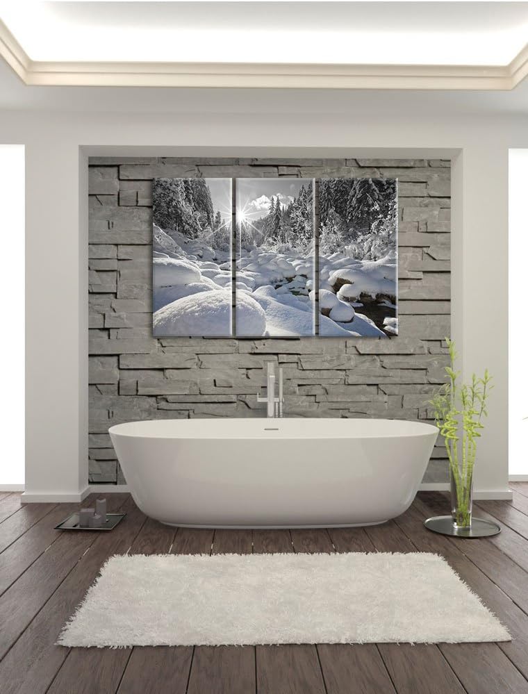 Pixxprint Sonnenstrahlen im schneebedeckten Wald B&W Detail 3-Teiler Leinwandbild 120x80 Bild auf Le