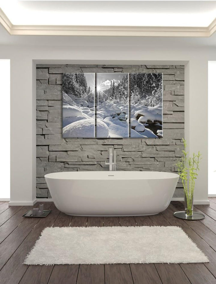 Pixxprint Sonnenstrahlen im schneebedeckten Wald B&W Detail 3-Teiler Leinwandbild 120x80 Bild auf Le