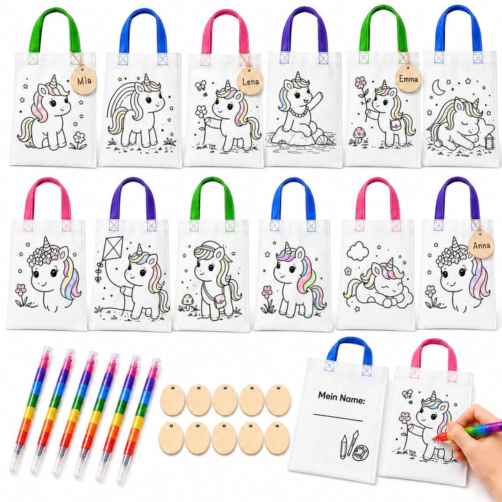 Einhorn Taschen zum Bemalen 34-tlg. Set – 14 Stoffbeutel zum Bemalen für Kinder mit 14 Holzanhängern