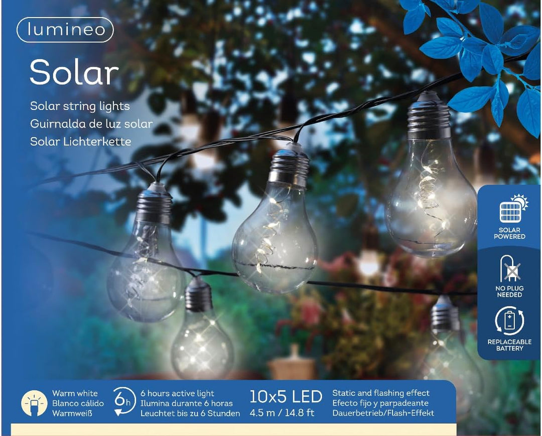 Lumineo 50 Micro LED Solar Lichterkette Glühlampe Partylichterkette Garten 10 Glühbirnen (Klar)