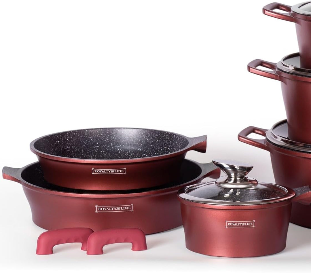 ROYALTY LINE Set aus 14 Töpfen und Pfannen aus Stein, Modell RL-ES2014M - Rot Bordeaux, Pfannen mit
