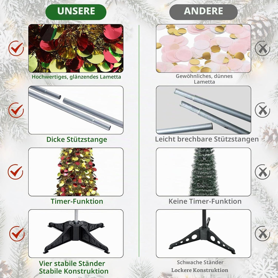 HMASYO 150 cm Pop-Up Lametta Weihnachtsbaum mit 50 Timer-Lichtern, Buntes Gold Zusammenklappbarer Kü