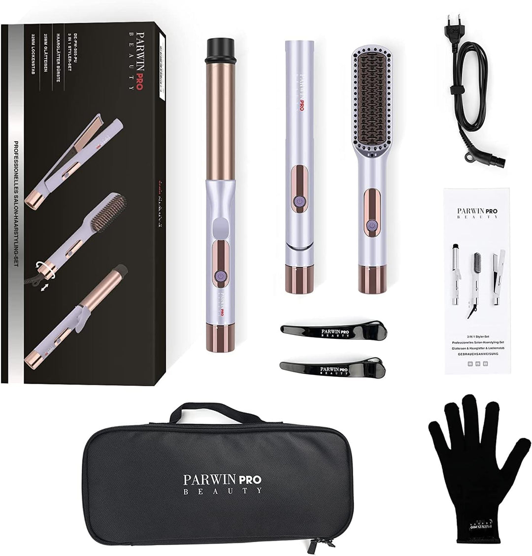 PARWIN PRO BEAUTY 3 In 1 Styling Set, Beinhaltet Glätteisen 25mm -Lockenstab 32mm & GlÄttbÜrste, mit