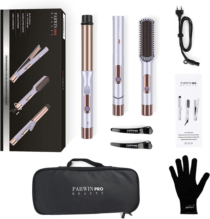 PARWIN PRO BEAUTY 3 In 1 Styling Set, Beinhaltet Glätteisen 25mm -Lockenstab 32mm & GlÄttbÜrste, mit