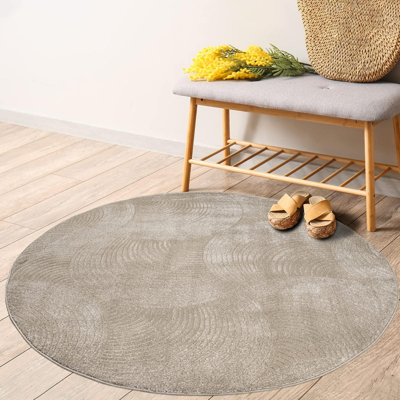 payé Teppich Rund Kurzflor - 200x200cm - Beige - Einfarbig Uni Kreisförmige Muster Modern Wohnzimmer