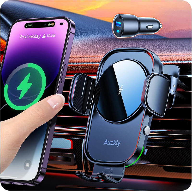 Auckly Handyhalterung Auto mit Ladefunktion, 【+60W PD+QC Autoladegerät】 Qi 15W Fast Wireless Charger