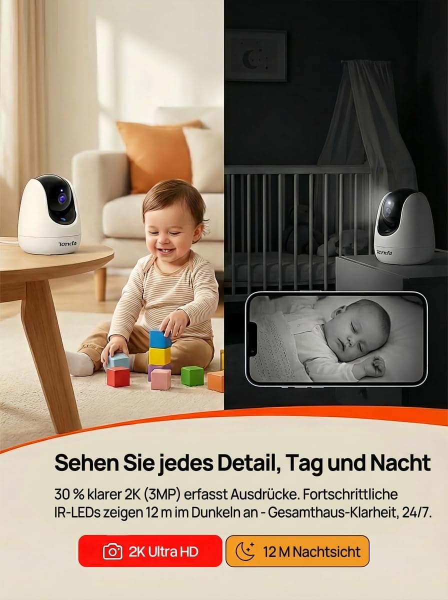 Tenda CP3 Überwachungskamera Innen, 1080p WLAN IP Kamera mit 2-Wege-Audio, 360°/155° drehbar, 12m Na