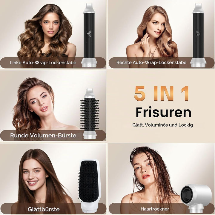 Airstyler 5 in 1, 1000W Warmluftbürste Set mit Lockenstab Automatisch, Air Styler Thermal Brush Haar