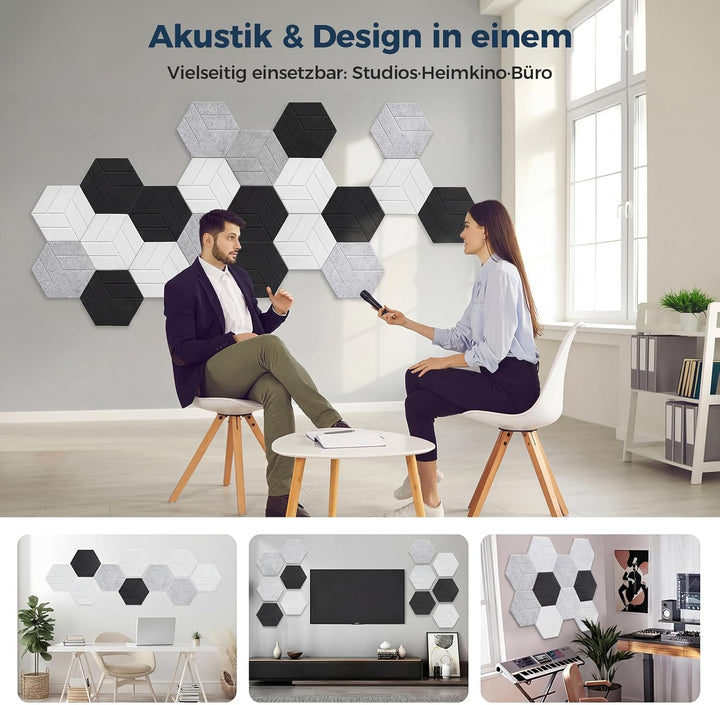12 Stück Hexagon Akustikplatten Selbstklebend, 30 x 26 x 0,9 cm Hohe Dichte schallabsorber wand, Sch