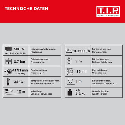 T.I.P. Schmutzwasser Tauchpumpe Edelstahl (10.500 l/h Fördermenge, 7 m Förderhöhe, 0,7 bar Druck, 50