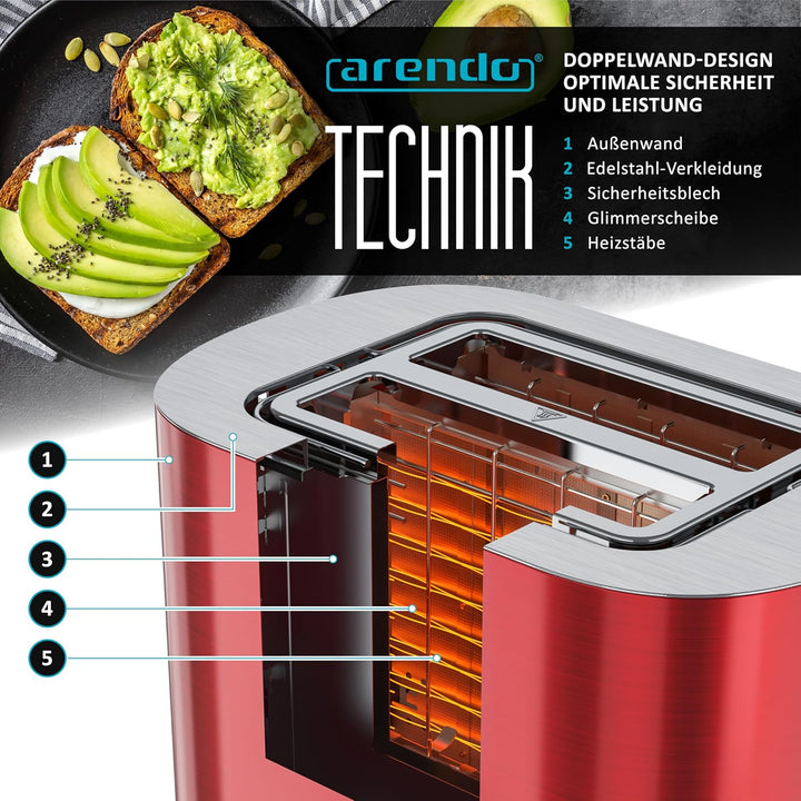 Arendo - Edelstahl Toaster 2 Scheiben - Touchscreen – Doppelwandgehäuse – 800 W – Integrierter Brötc