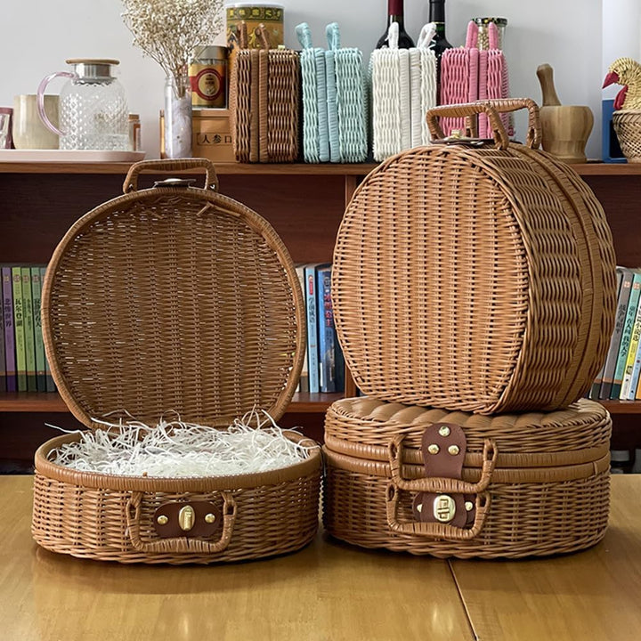 Rattan Aufbewahrungskorb Koffer, Rattan-Koffer mit Hand kleine Koffer Vintage-Koffer Gewebter Aufbew