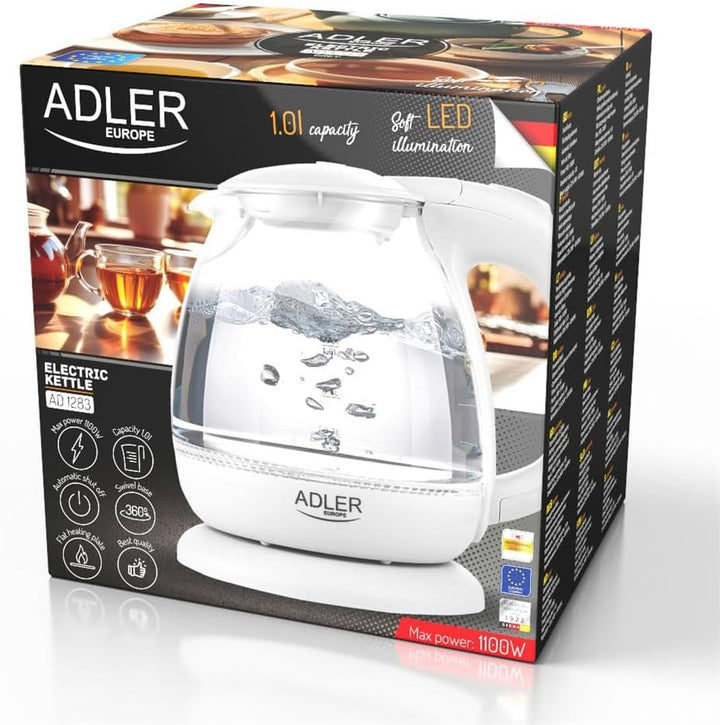 adler AD 1238 Elektrischer Wasserkocher aus Glas, klein, 1 l, 1100 W, LED-Beleuchtung, 1100 W, 1 Lit
