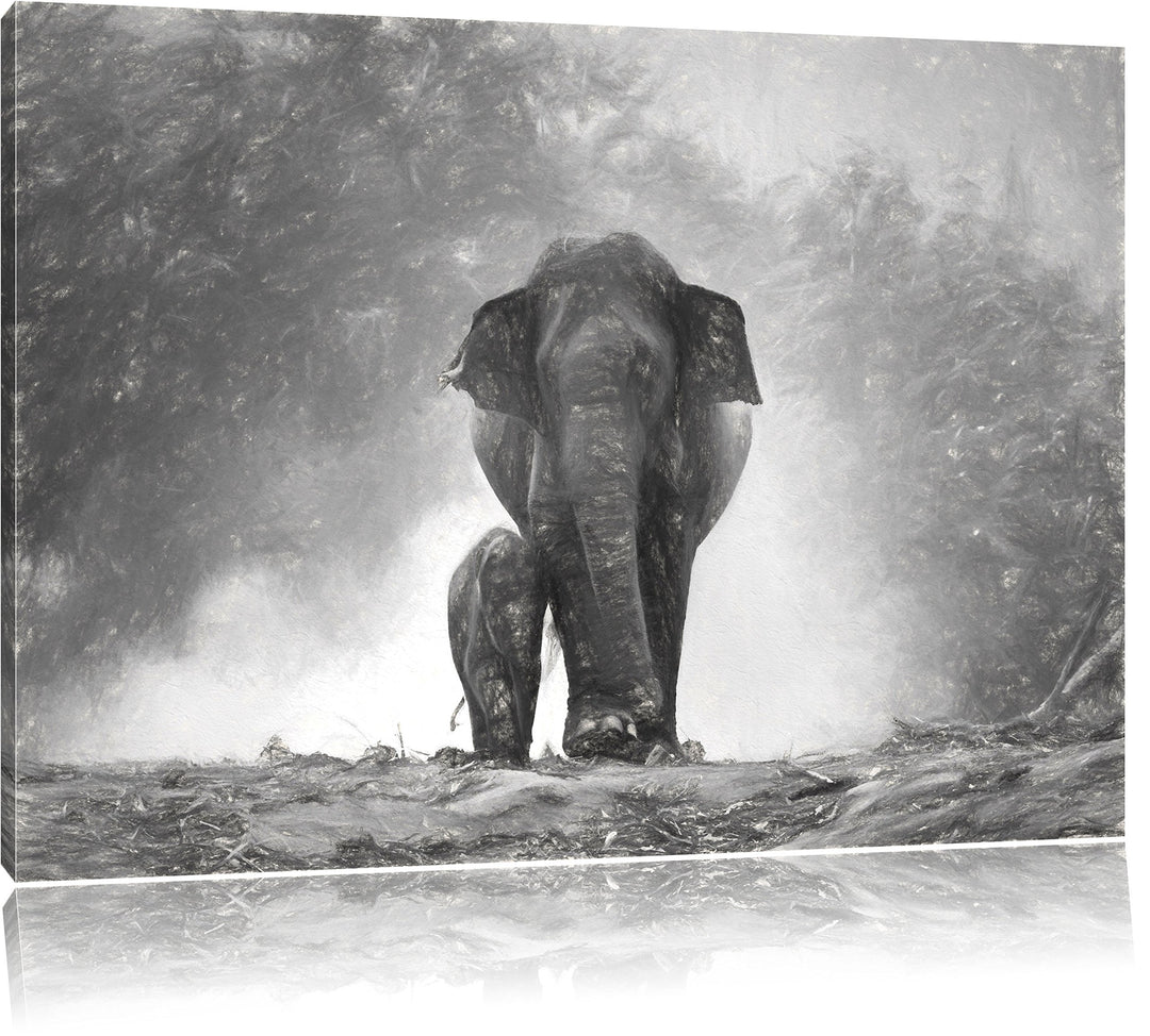 Pixxprint Elefanten Baby Mama / 100x70cm Leinwandbild bespannt auf Holzrahmen/Wandbild Kunstdruck De