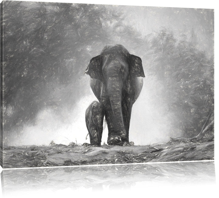 Pixxprint Elefanten Baby Mama / 100x70cm Leinwandbild bespannt auf Holzrahmen/Wandbild Kunstdruck De