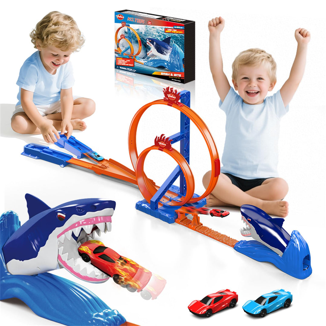 VATOS Rennstrecken Spielzeugauto Set für Kinder, Hai Spielzeug Autorennbahn mit 2 Rennwagen & 2 Loop