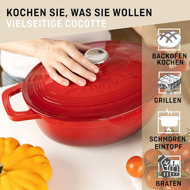 VeoHome Gusseisentopf 6L Ovale Rot| Bräter | Gusseisen Topf Grün - Schmortopf |Bratentopf | Bratpfan